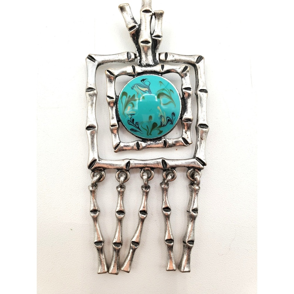 Chico's Bamboo Pendant Turquoise Color Art Glass‎ Cabochon Dangle Silver Tone